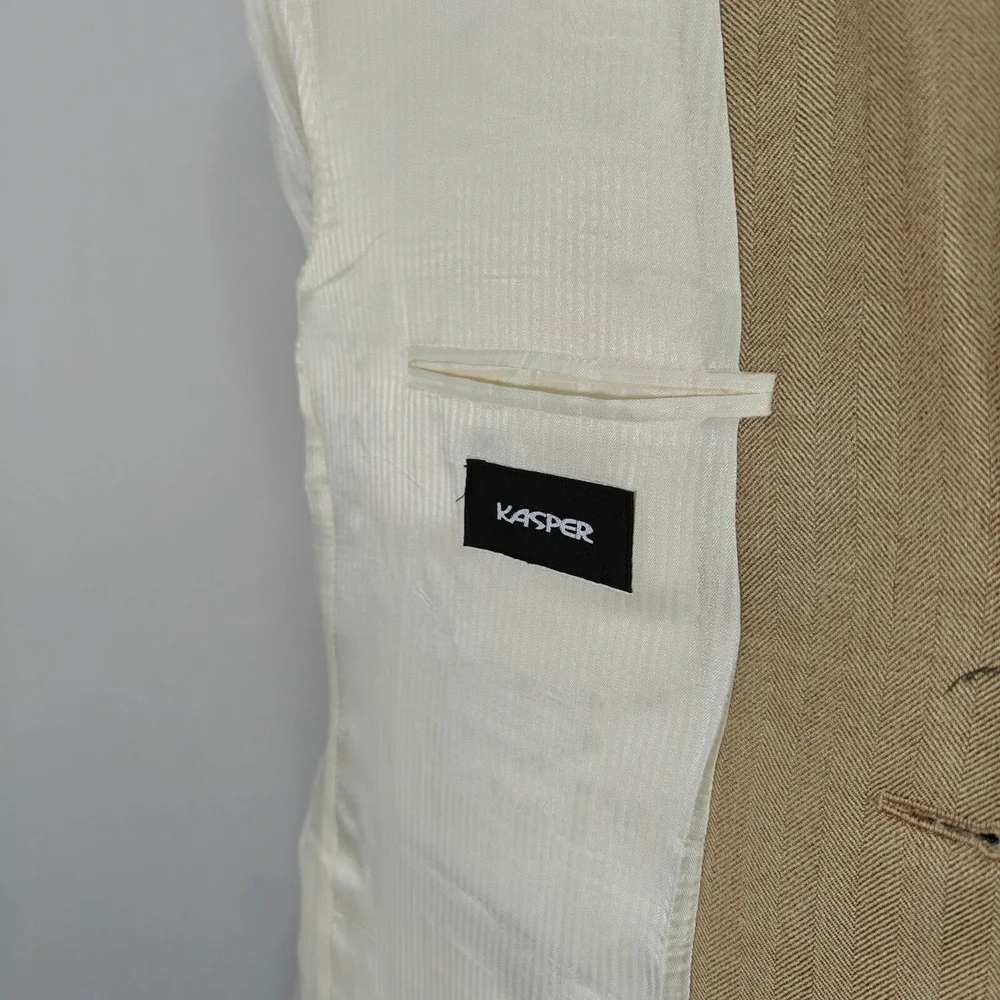 Kasper Men's Sport Coat Blazer‎ Two Button Beige Herringbone Silk Wool Size 44L